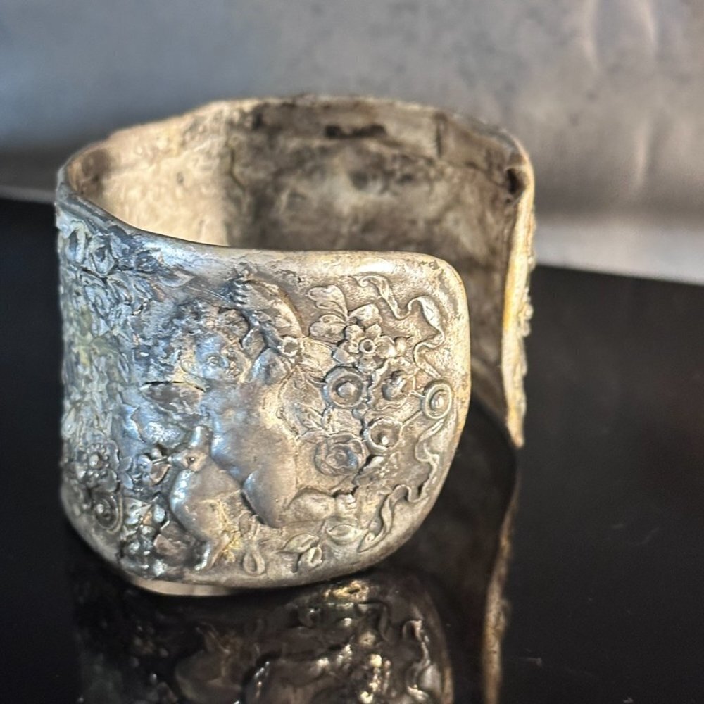 Fairy Cherub Putti Sterling Silver Antique Gorham Cuff Bracelet Floral 925 HEavy - Picture 3 of 15